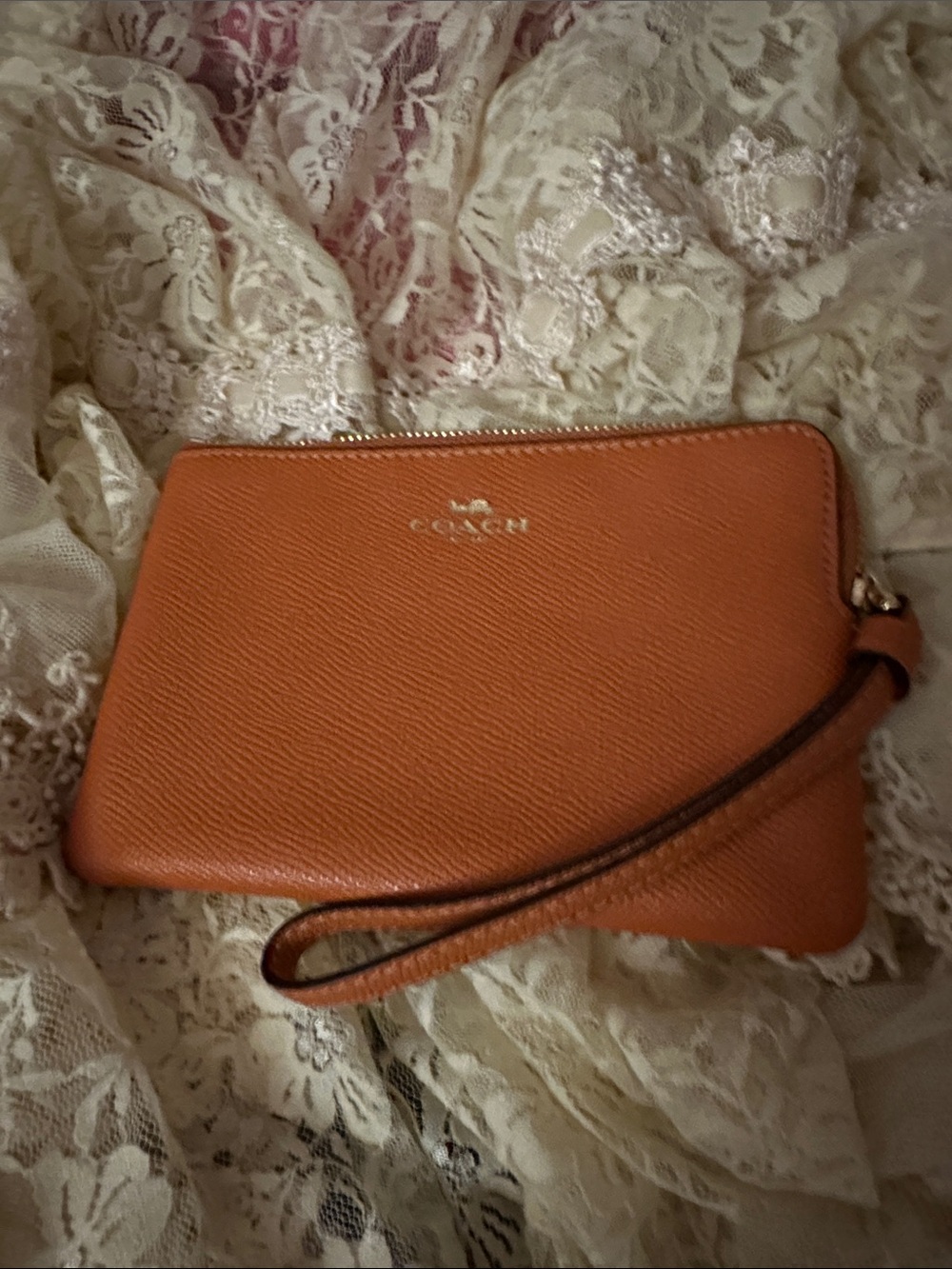Coach Orange Pebbled Leather Wristlet with Detachable Strap
